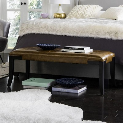 Saddle Leather and Black Beech Wood Tufted Bench