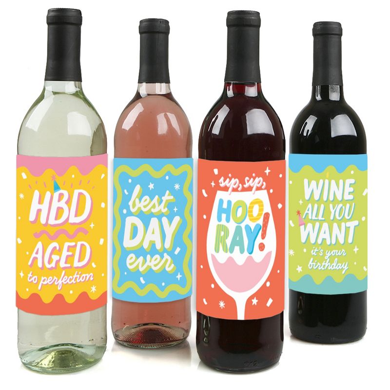 Big Dot of Happiness Party Time - Happy Birthday Party Decorations for Women and Men - Wine Bottle Label Stickers - Set of 4, 1 of 9