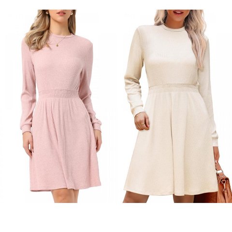 Женские платья INSPIRE CHIC Women's Long Sleeve Casual Crew Neck Ribbed Knit Textured Sweater Dress X-Small Black 2 Packs Apricot/Pink X-Small