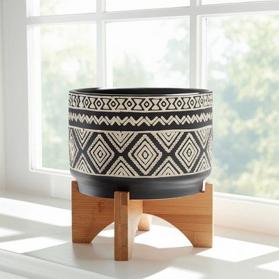 Ceramic Planter with Stand - Decorative Ceramic Pot with Wood Base - Modern Boho Indoor/Outdoor Plant Holder for Home & Garden