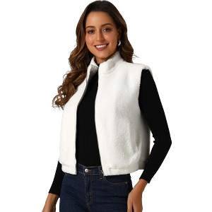 Allegra K Women's Fuzzy Fleece Sleeveless Zip Up Jackets Vest with Pocket - 1 of 4