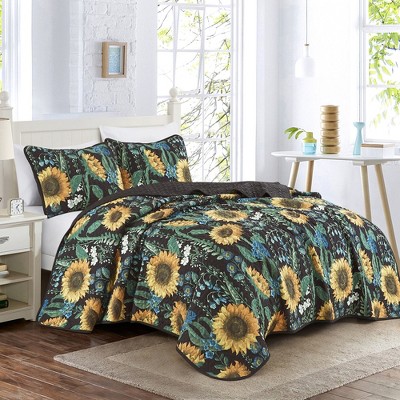Sunny Floral Black and Yellow Queen Bedspread Set