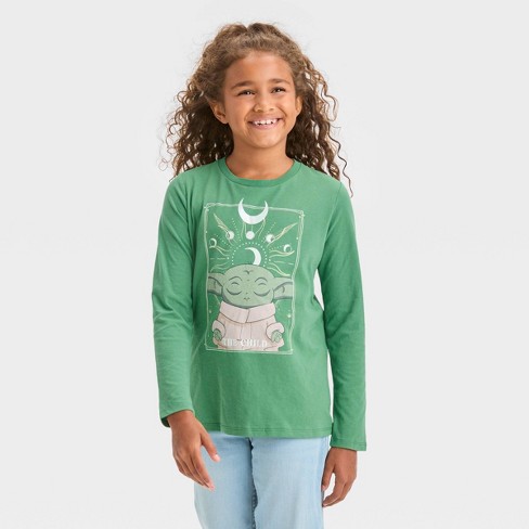 Girls' Star Wars: The Mandalorian Grogu Celestial Long Sleeve Graphic T- shirt - Green : Target