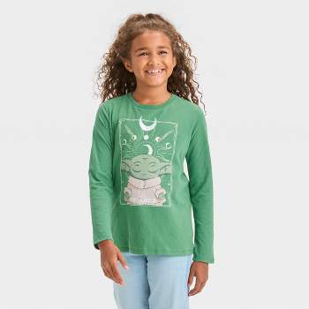 Girls' Star Wars: The Mandalorian Grogu Celestial Long Sleeve Graphic T-Shirt - Green