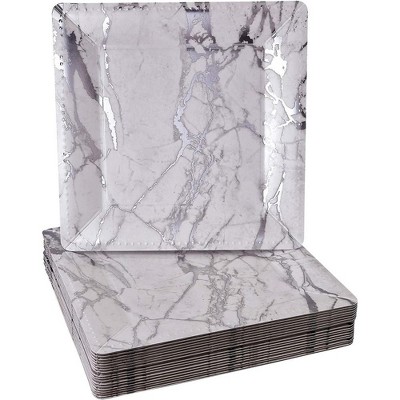 Silver Spoons Elegant Disposable Square Marble Charger Plates for Party, Heavy Duty Disposable Dinner Set, 13”, (10 PC)