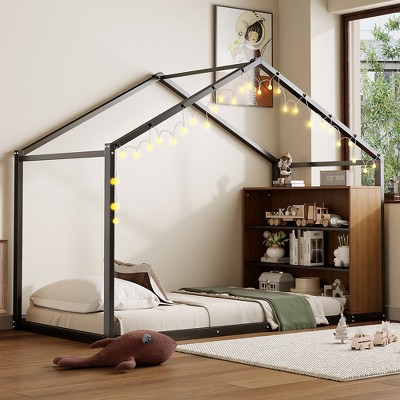 Twin Size Metal House Bed Frame with Shelves and Lights