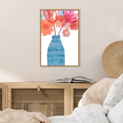 27" x 19" Coral Pink Floral Canvas Print with Teal Vase