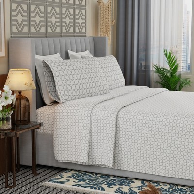Twin XL Gray Square Star Cotton Blend Percale Sheet Set