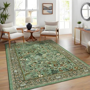 Washable Floral Runner Rug - Non-Slip Rubber Backing, Low-Pile Farmhouse Entryway Carpet, Foldable & Non-Shedding - 1 of 4