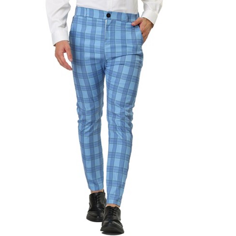 Lars Amadeus Men's Color Block Slim Fit Flat Front Plaid Dress Pants Light  Blue 34