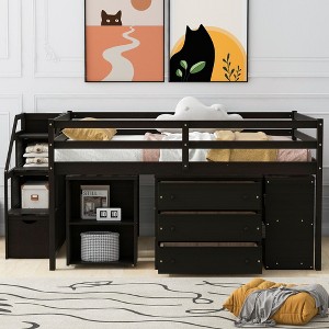 TIRAMISUBEST Full Size Low Loft Bed with Retractable Writing Desk and 3 Drawers, Wooden Loft Bedframe with Storage Stairs and Shelves - 1 of 4