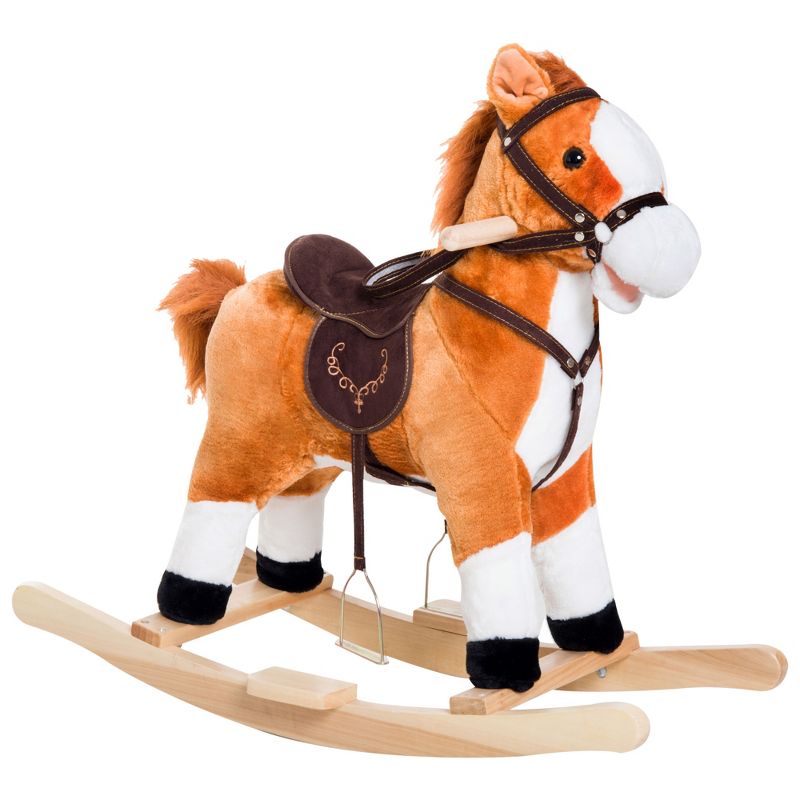 Qaba Kids Plush Toy Rocking Horse Ride on with Realistic Sounds -  Brown, 1 of 9