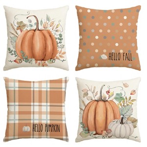 Hello Fall Hello Pumpkin Throw Pillow Covers, 18 x 18 Inch Autumn Thanksgiving Harvest Orange Eucalyptus - 1 of 4