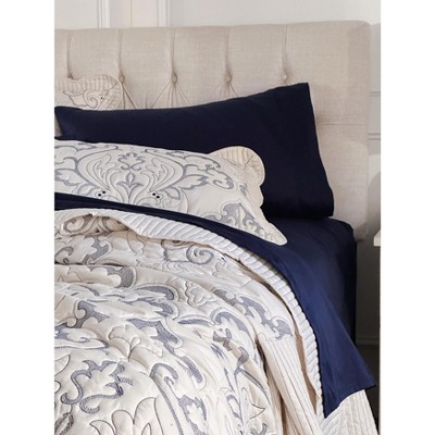 Navy Full Embroidered Polyester Damask Sheet Set