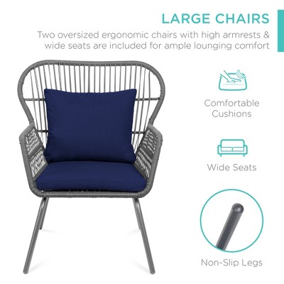 Gray and Navy Wicker 3-Piece Patio Bistro Set with Cushions and Glass Top Table