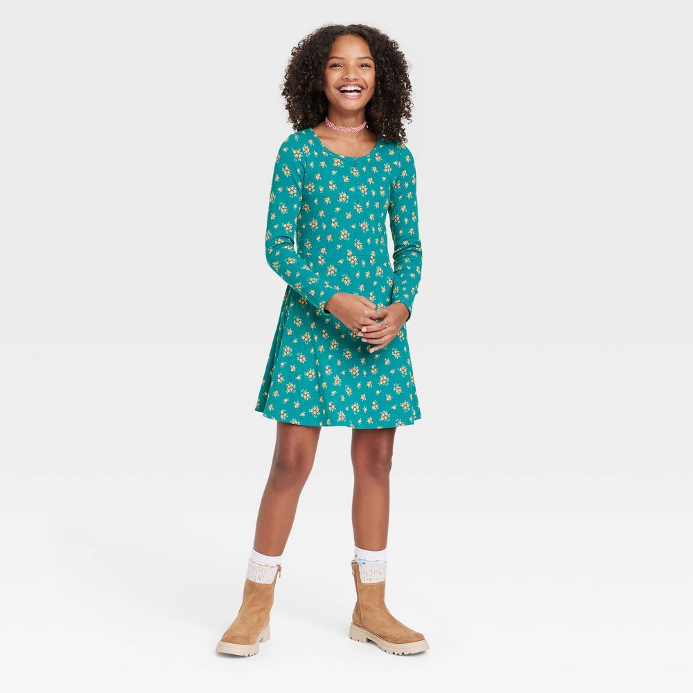 Girls' Henley Long Sleeve Knit Dress - art class Green Floral L