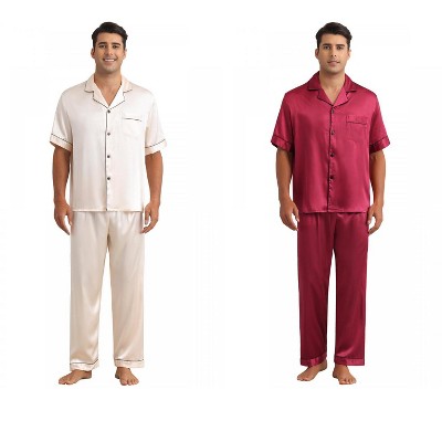 INSPIRE CHIC Men's 2 Pack Casual Sleepwear Short Sleeve Satin Pajamas Sets
