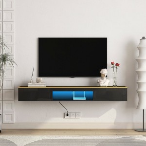 Chic Crate-Floating Media Console – Black 69 Inch TV Stand w/ 16 Color LED Backlit, Fits 55-65In TVs - 1 of 4