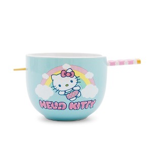 Silver Buffalo Sanrio Hello Kitty Rainbow 20-Ounce Ceramic Ramen Bowl With Chopsticks - 1 of 4