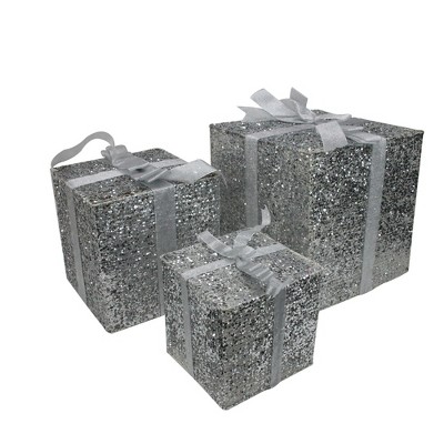 Northlight Set of 3 Lighted Silver Glitter Gift Box Christmas Outdoor Decorations 15"