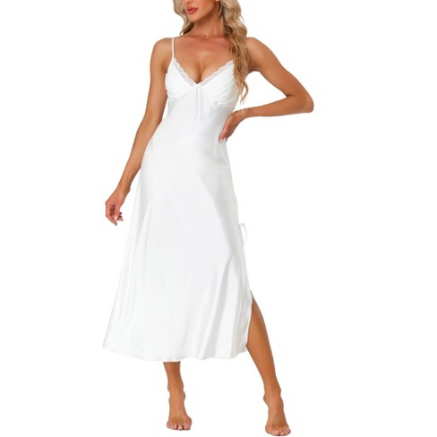 cheibear Women's Spaghetti Strap Nightdress Cami Satin Pajama Dress White  Small