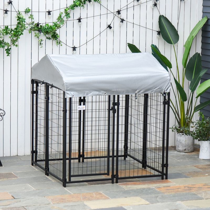 Pawhut Large Outdoor Dog Kennel Steel Fence with UV-Resistant Oxford Cloth Roof & Secure Lock, 3 of 9