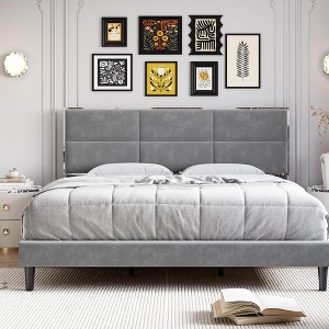 Platform Bed Frame, Upholstered Full Bed Frame with Velvet Headboard, Modern Gray Metal Bed Frame with Wood Slats Support, Noise Free - 1 of 4