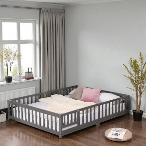 Mshliw Twin / Full Floor Beds with Door and Safety Guardrails, Solid Wood Low-Profile Platform Frames with Fence Design - 1 of 4