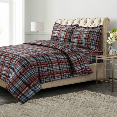 King Brown Plaid Cotton Flannel Duvet Cover Set