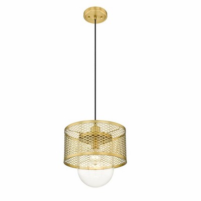 11.5" Rubbed Brass Glass Drum Pendant Light
