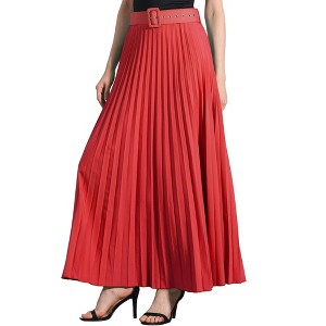 Allegra K Women's Flowy Pleated Elastic High Waist with Belt A-line Skirt - 1 of 4