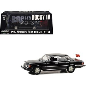 1977 Mercedes-Benz 450 SEL (W116) Black with Soviet Flag "Rocky IV" (1985) Movie 1/43 Diecast Model Car by Greenlight - 1 of 4