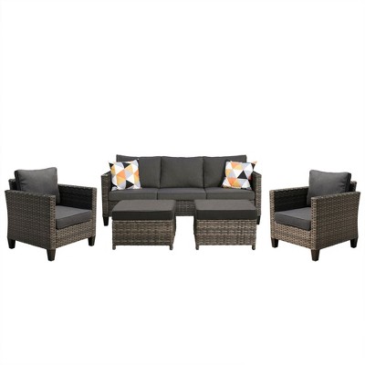 XIZZI 5 Pieces Sets Modern Wicker Patio Sectional Sofa with Ottomans