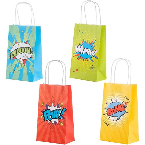 Comic Book Hero Party Favor Gift Bags with Handles (4 Colors, 12 Pack)