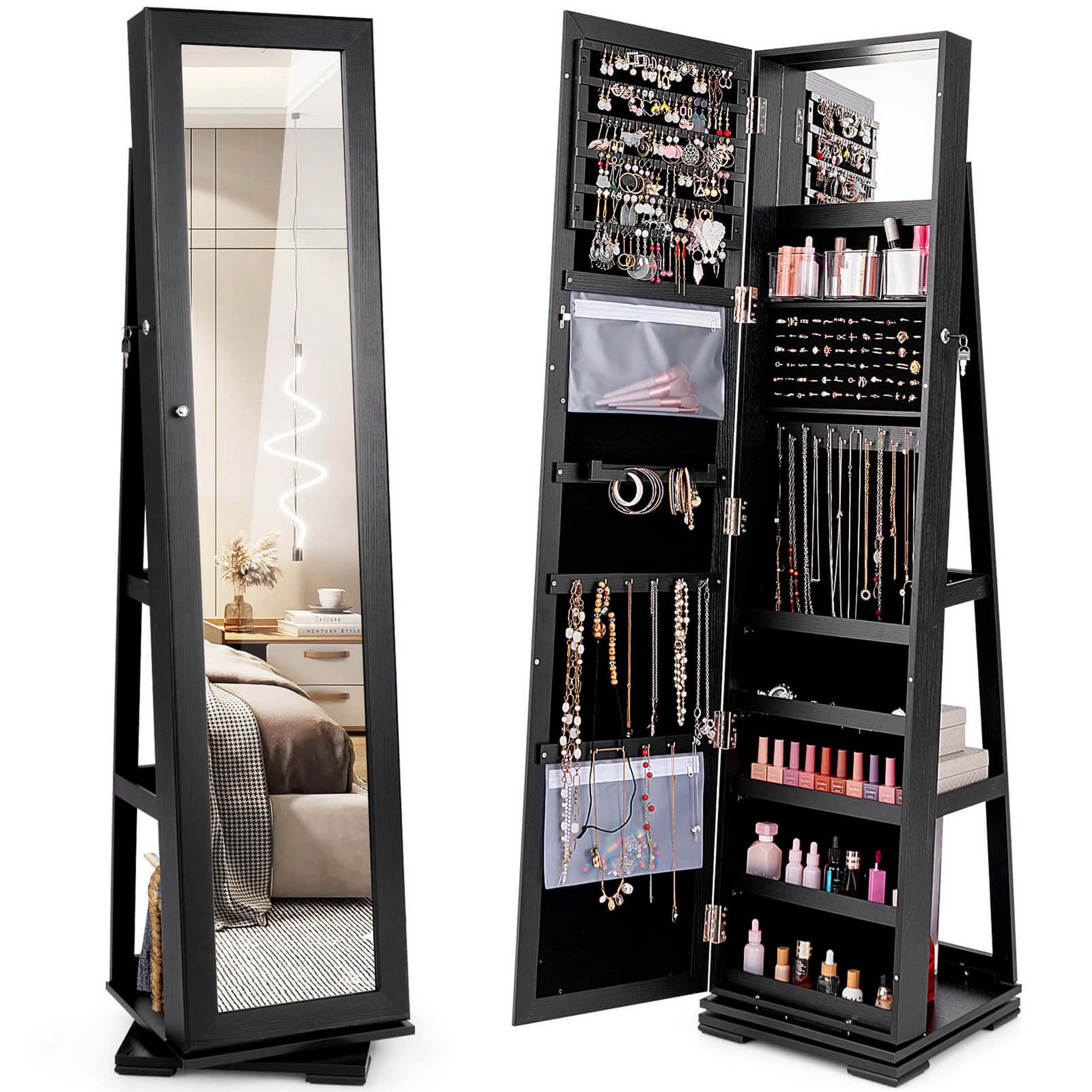 Costway 360degree Rotatable Jewelry Cabinet 2-in-1 Lockable Mirrored Organizer White/Black/Dark Brown/Gray/Blue/Pink/Purple/Dark Gray