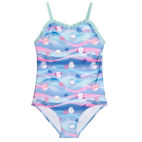 Squishmallows Little Girls Ruffled One Piece Bathing Suit UPF 50+ Blue / Pink Turquoise 7-8