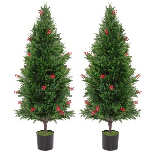 Sandinrayli Artificial Topiaries Boxwood Trees 63 in. Green Artificial Boxwood Topiaries Within Containers, (2-Piece) - 1 of 4
