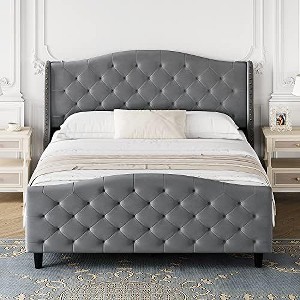 Velvet Bed Frame, Tufted Upholstered Platform Bed with Framewith Headboard and Footboard, Upholstered Bed Frame with Wood Slats - 1 of 4