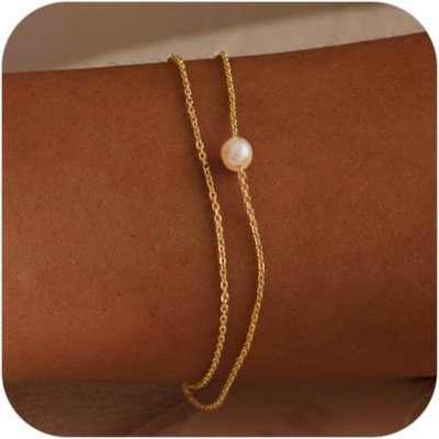 Gold Bracelets for Women Trendy, 14K Real Gold Plated Dainty Stackable Pearl Snake Chain CZ Heart Pendant Bracelets Adjustable 6"+2"