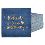 Sparkle and Bash 100 Pack Navy Blue Cocktail Paper Napkins for Reception, Welcome to our Beginning, Wedding Party Supplies, 5x5 In