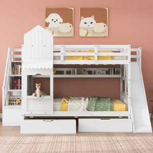 NicBex Full Size Bunk Bed Castle Shape Loft Bed with 2 Drawers, 3 Shelves, Storage Stairs, Slide and Guardrail, No Box Spring Required - 1 of 4