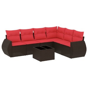 vidaXL 7 Piece Patio Sofa Set with Cushions Brown Poly Rattan - 1 of 4