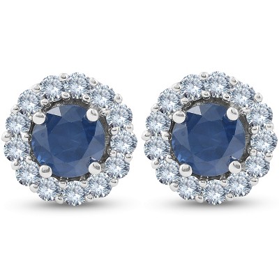 Pompeii3 2 1/5 Ct Halo Diamond & Blue Sapphire Studs 14k White Gold