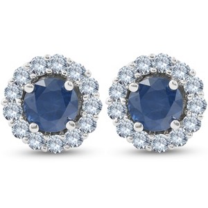 Pompeii3 2 1/5 Ct Halo Diamond & Blue Sapphire Studs 14k White Gold - 1 of 4