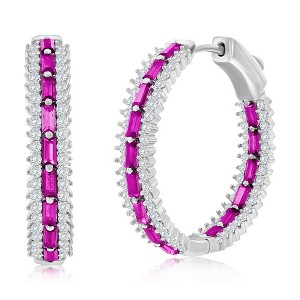 Bella Silver Sterling Silver, Center Baguette & Round CZ Hoop Earrings - Ruby - Pink - 1 of 2