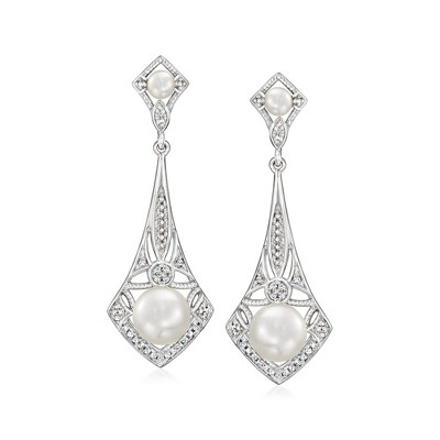 Ross-Simons 3.5-7.5mm Cultured Pearl and .11 ct. t.w. Diamond Vintage-Style Drop Earrings in Sterling Silver