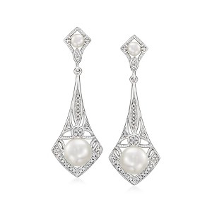 Ross-Simons 3.5-7.5mm Cultured Pearl and .11 ct. t.w. Diamond Vintage-Style Drop Earrings in Sterling Silver - 1 of 4