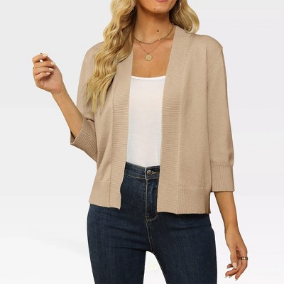 Women's Lightweight 3/4 Sleeve Cropped Cardigan Sweater Open Front Short Shrugs,Camel - M