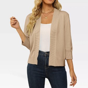 Women's Lightweight 3/4 Sleeve Cropped Cardigan Sweater Open Front Short Shrugs,Camel - M - 1 of 4