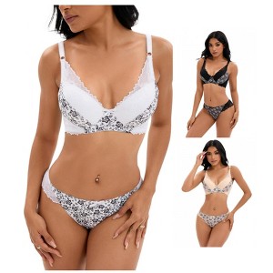 INSPIRE CHIC 3 Sets Women's Floral Mesh Push-Up Underwire Lace Bra and Underwear Lingerie Set - 1 of 4